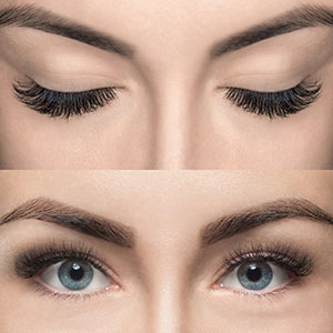 Female Eyes with lash extensions closed and open