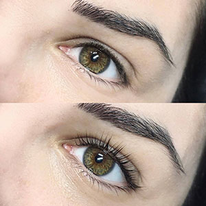 Two images, top and bottom, of female eye without and with a lash lift.